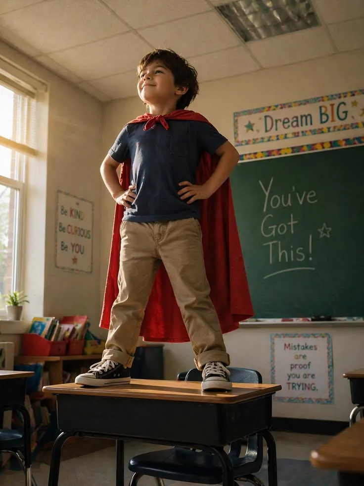 A young student standing tall wearing a superhero cape, chalkboard behind reads You've Got This